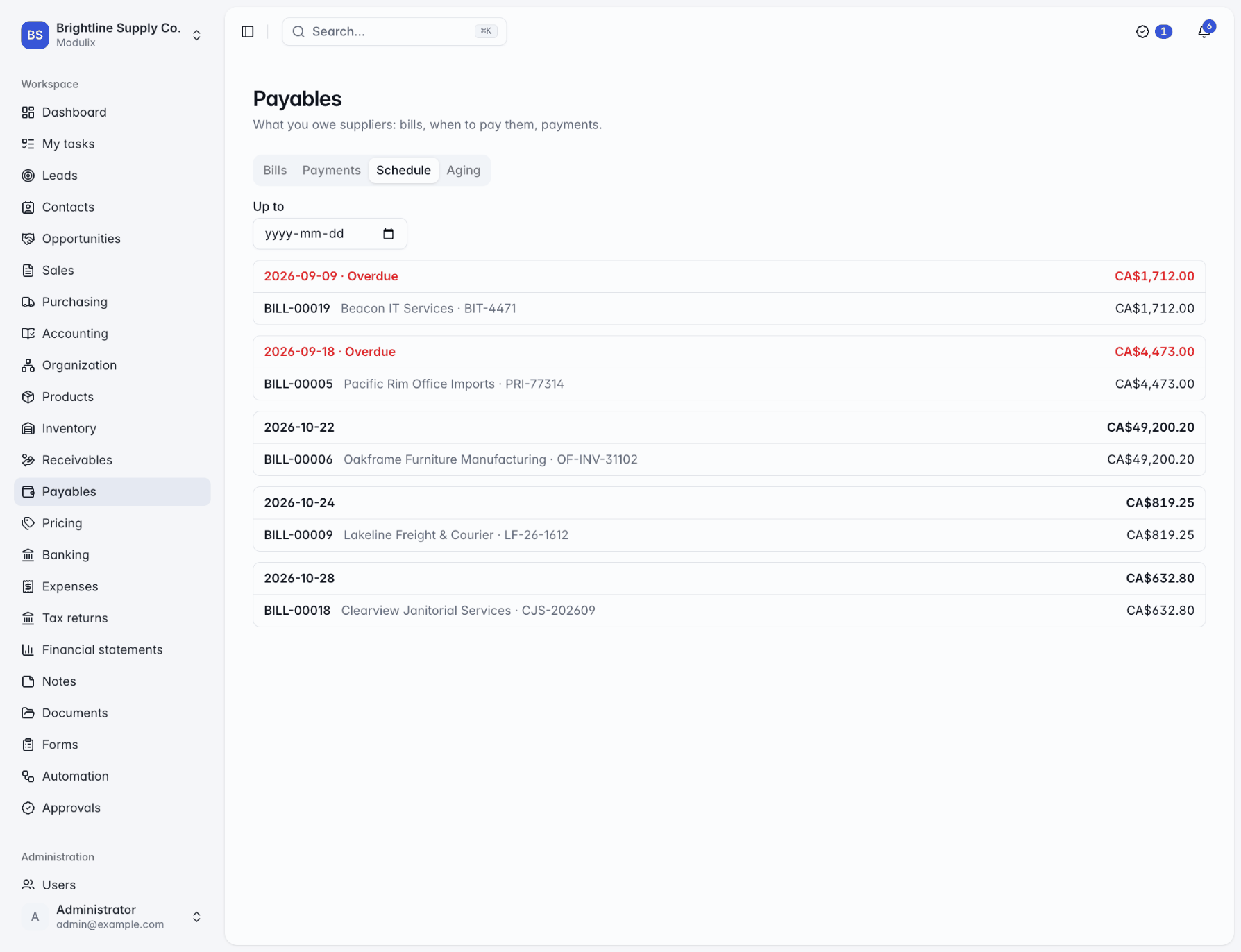 The payment schedule grouping unpaid bills by pay-on date with daily totals