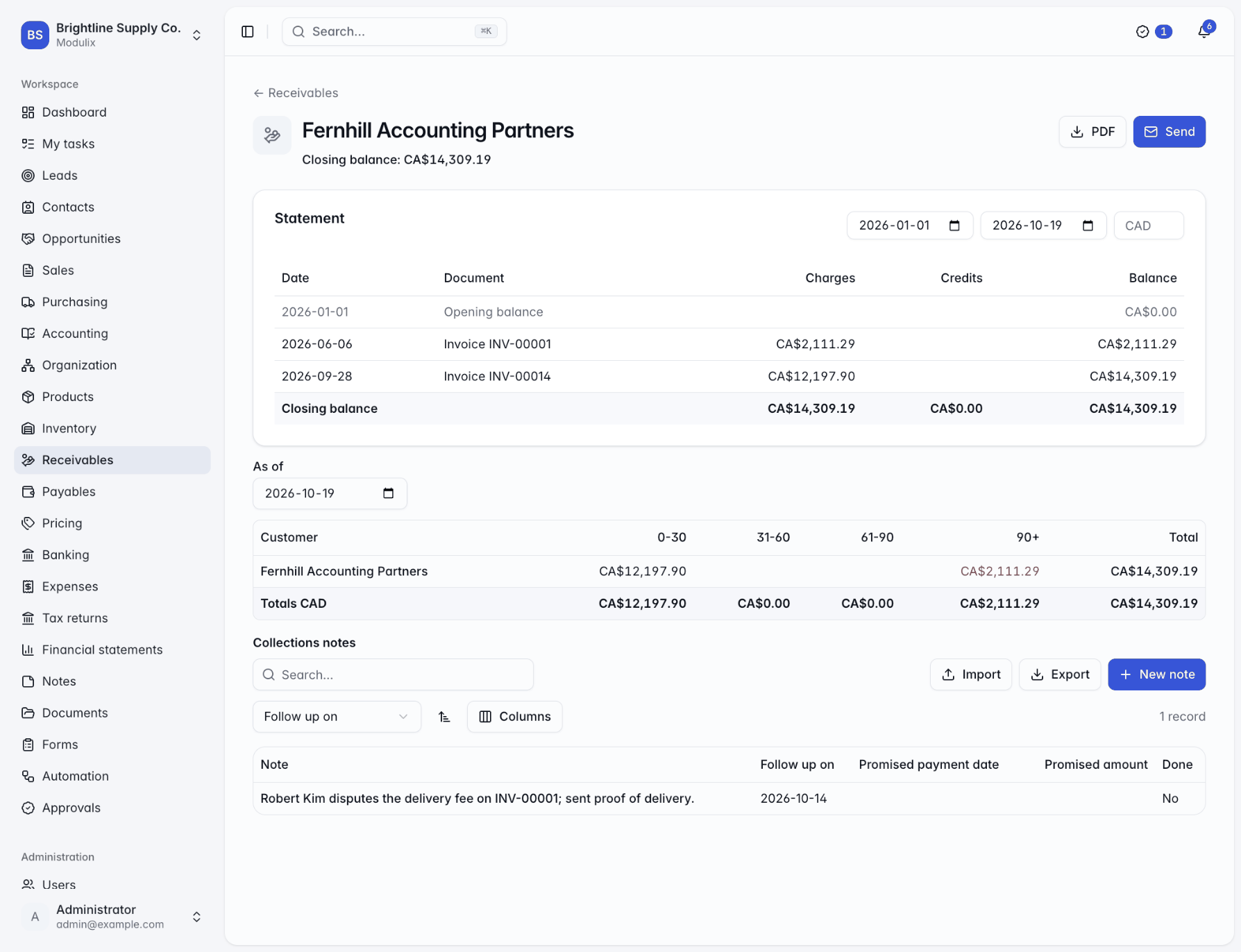 A customer statement with opening balance, invoices, payments and closing balance