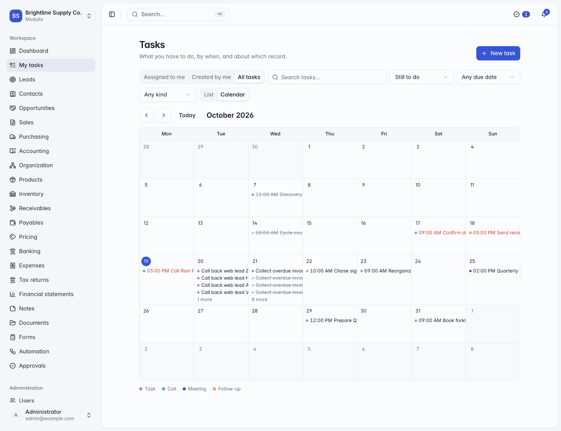A month calendar with calls, meetings and tasks on their due days