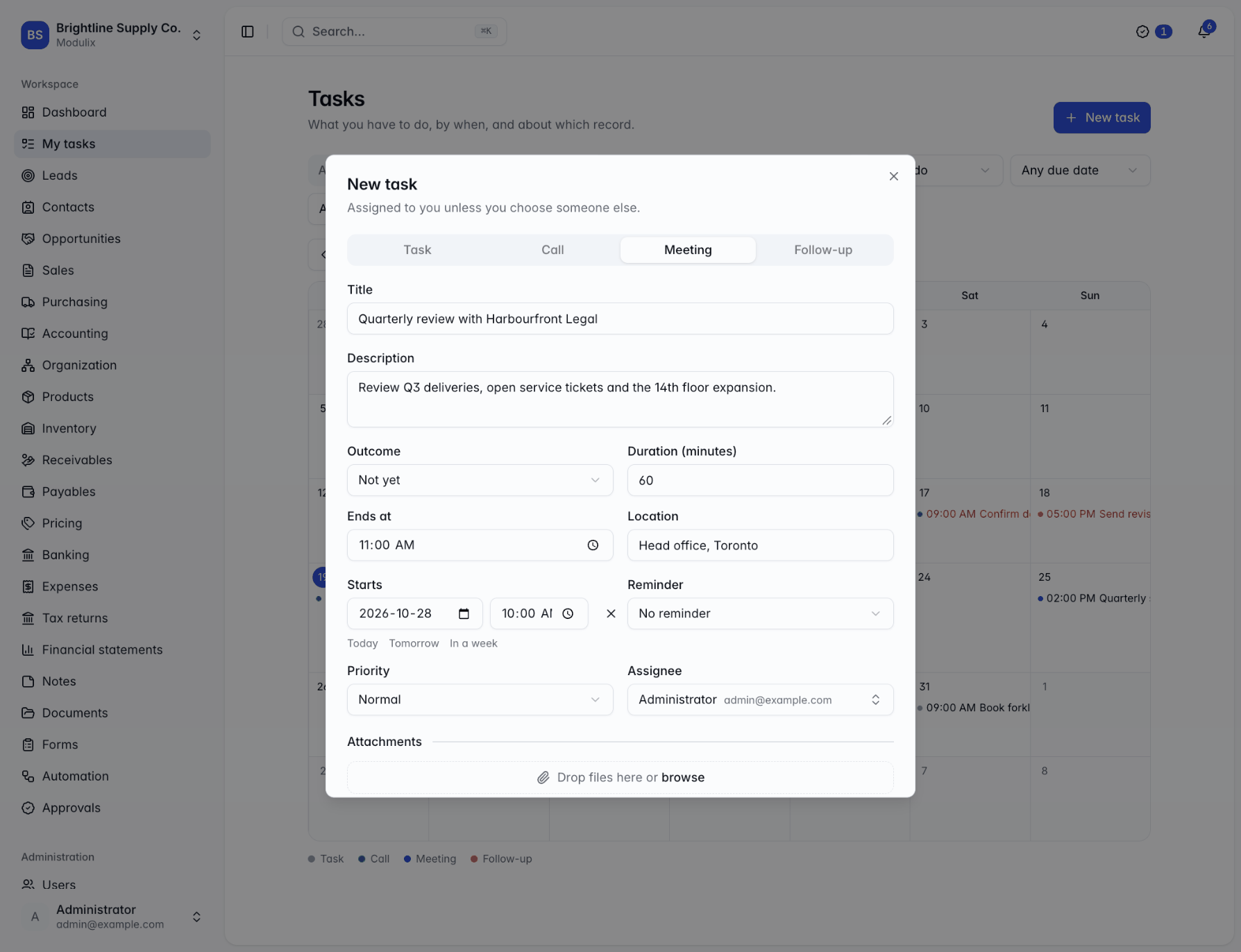 The New task dialog with Meeting selected, a start date and time, an end time, location, reminder, priority and assignee