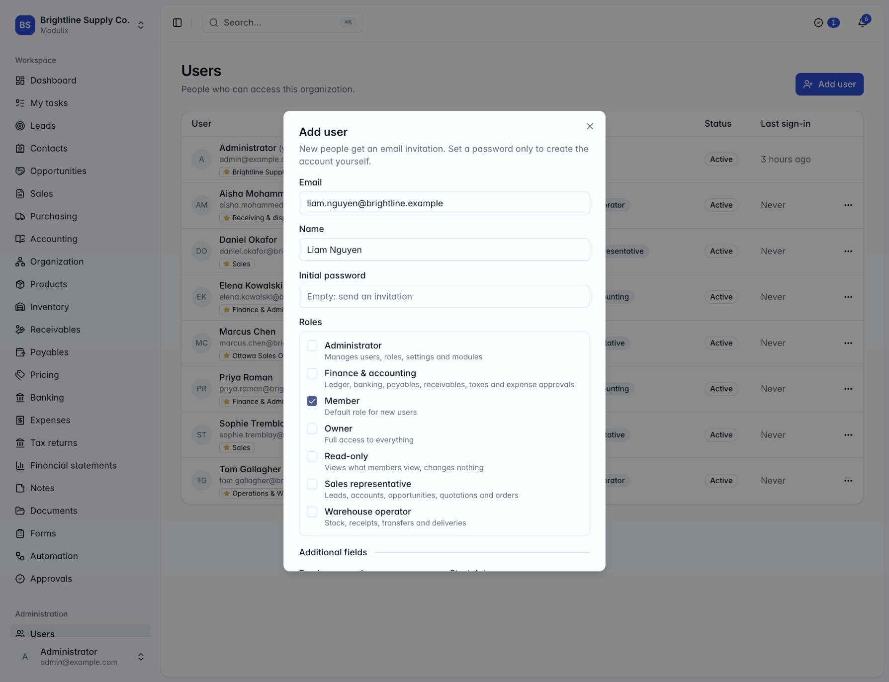 The Add user dialog with email, name, initial password and role checkboxes