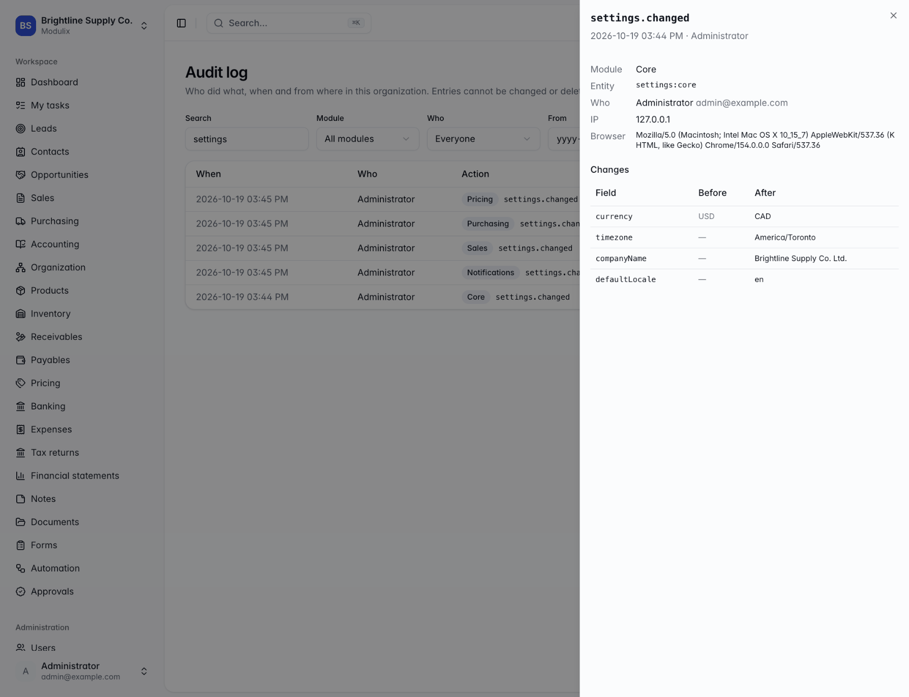 The details panel of an audit entry showing a Changes table with Before and After values