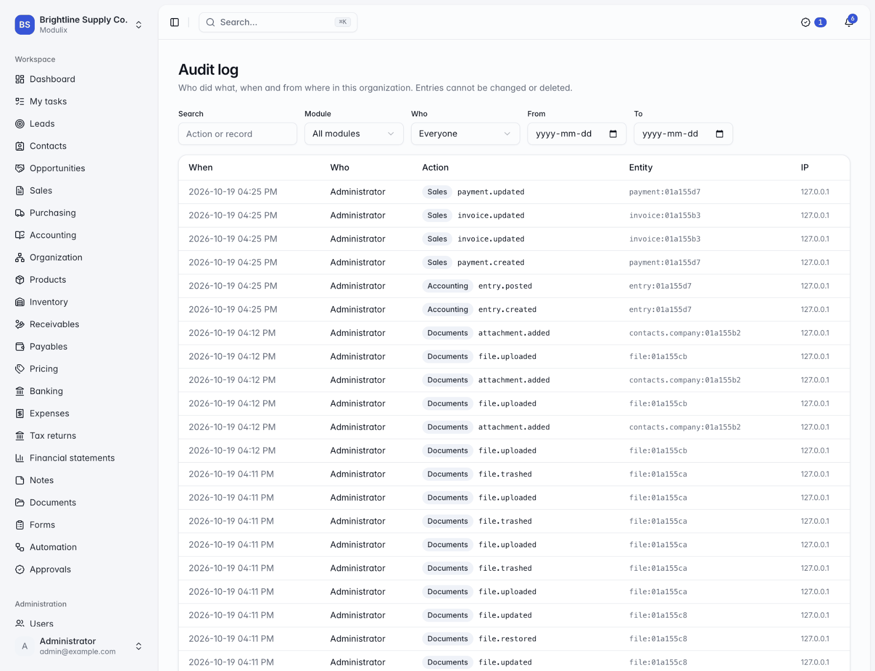 The Audit log page with filters at the top and a table of entries with time, person, module, action, record and IP address