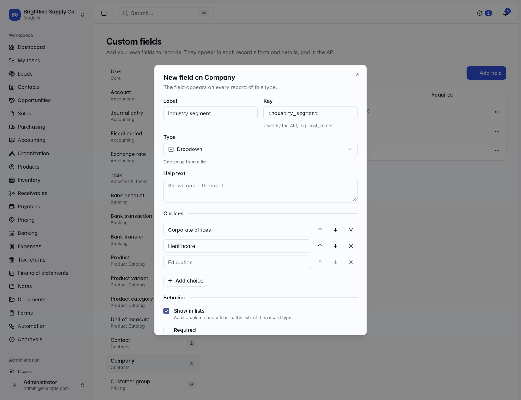 The New field dialog for a Dropdown field with three choices and the Behavior options
