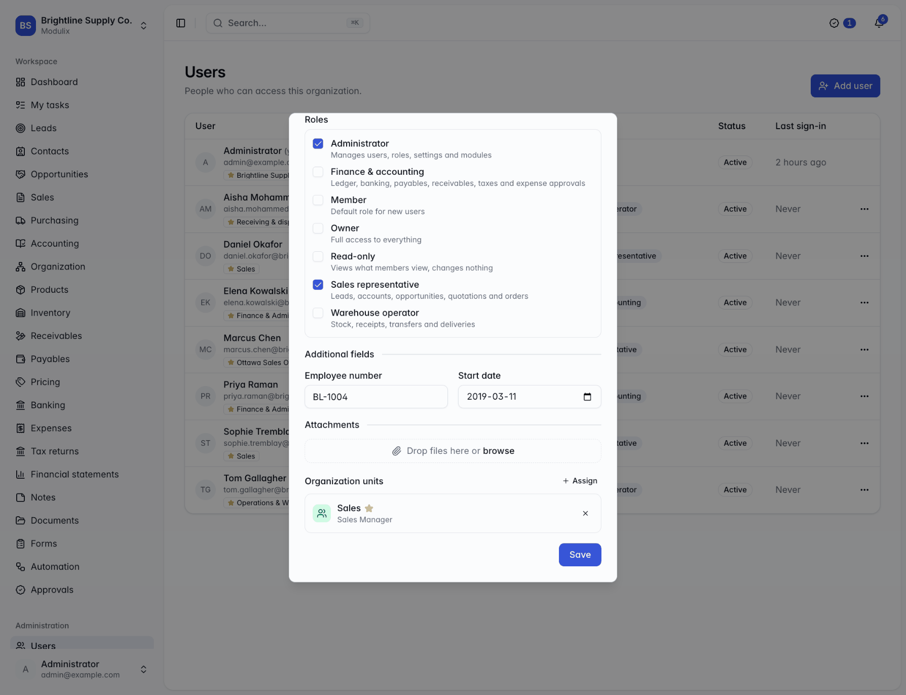 The Edit user dialog with an Additional fields section containing Employee number and Cost center