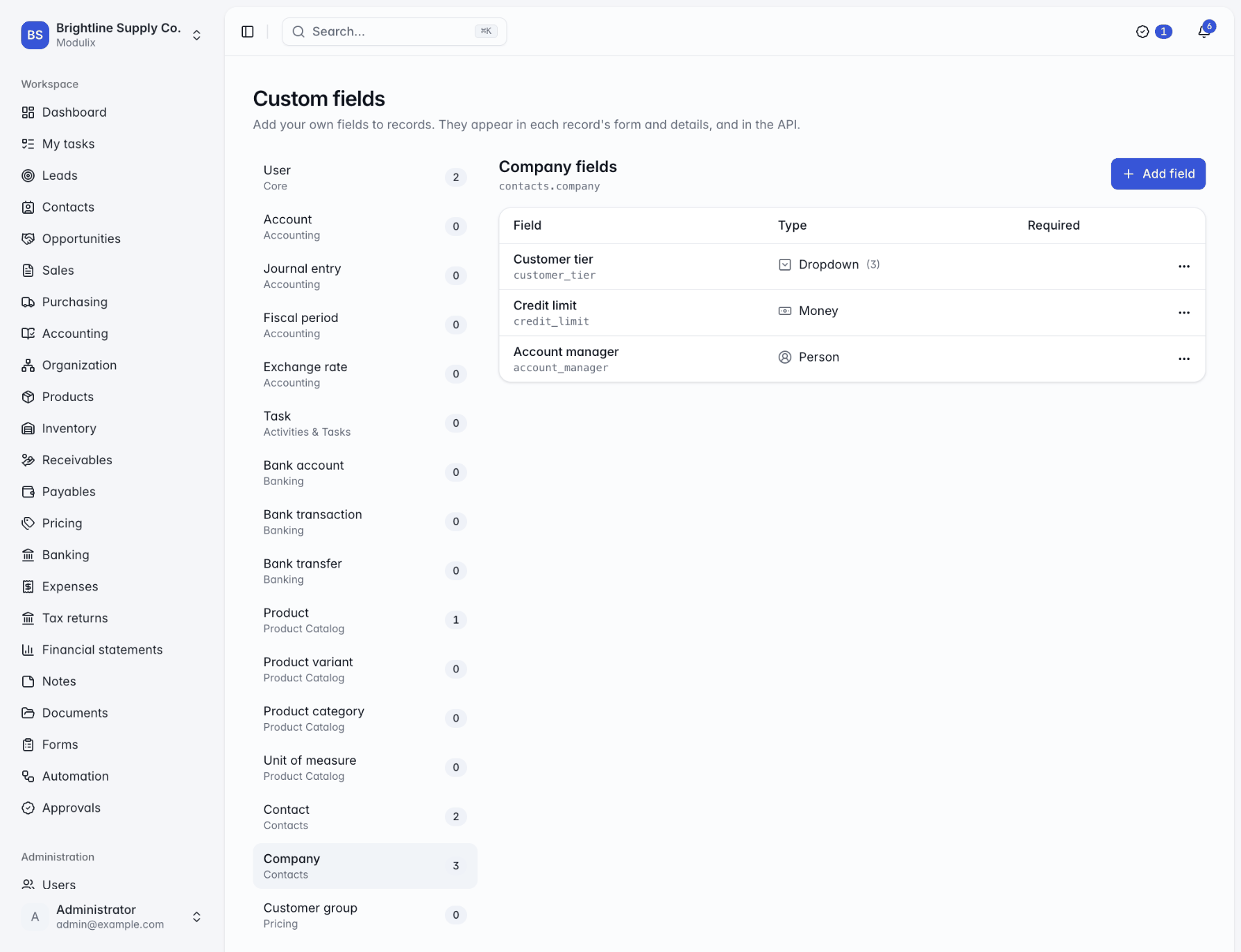 The Custom fields page with record types on the left and the fields of the Company record type on the right