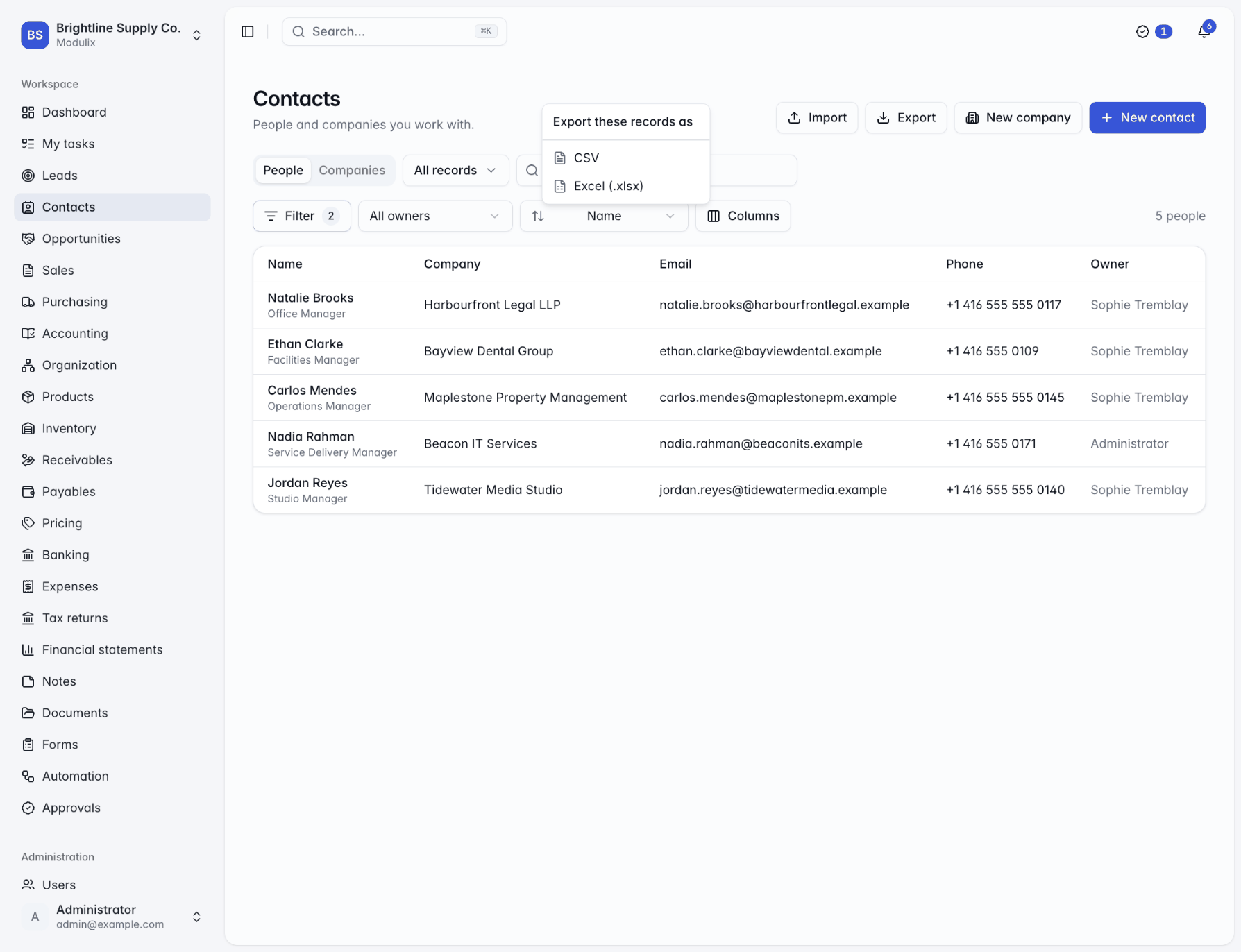 The Export menu of a list open with the CSV and Excel (.xlsx) choices