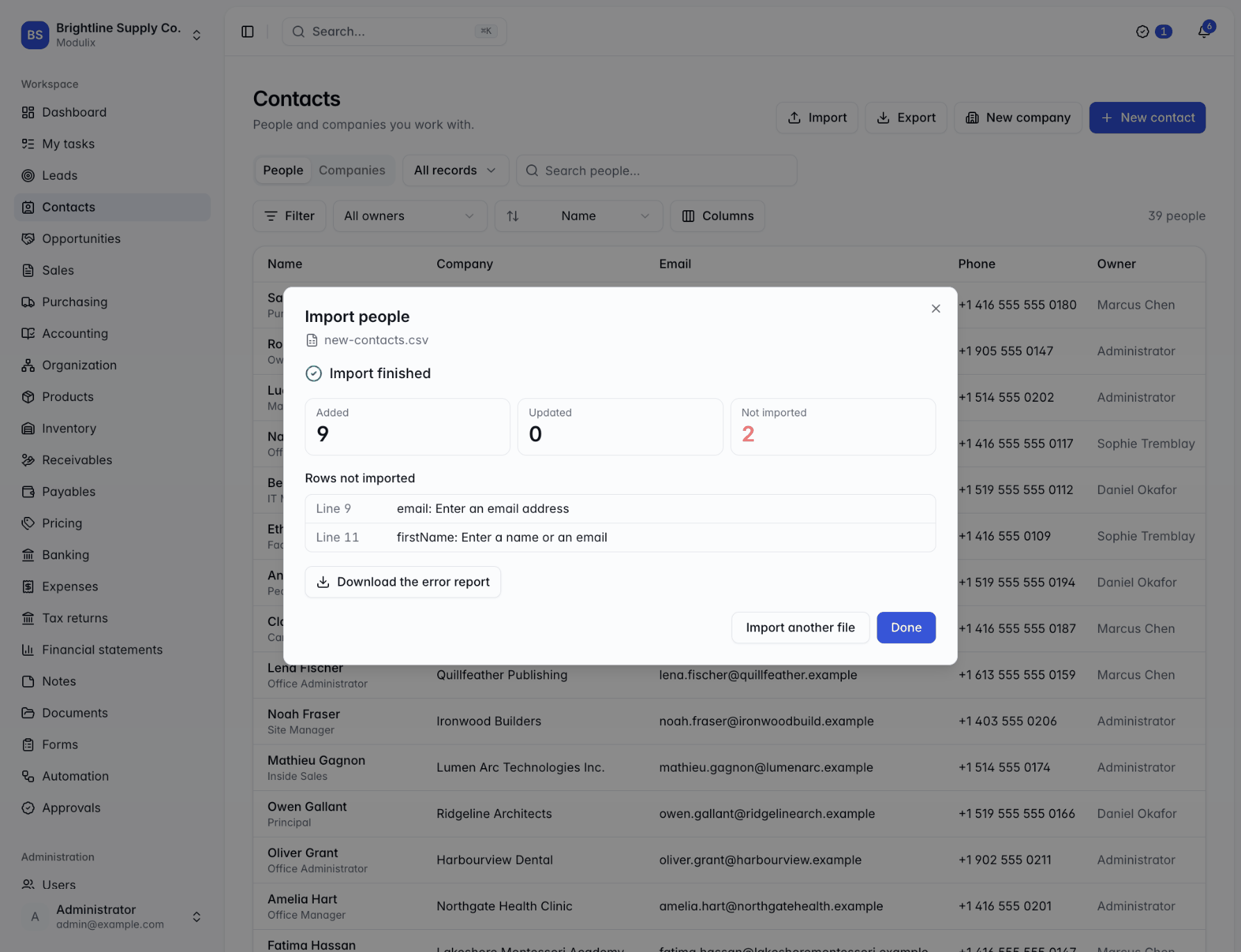 The Import finished step showing counts of added, updated and not imported rows, and a list of rows not imported with their reasons