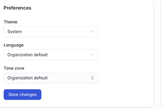 The Preferences card of the profile with the Theme, Language and Time zone fields
