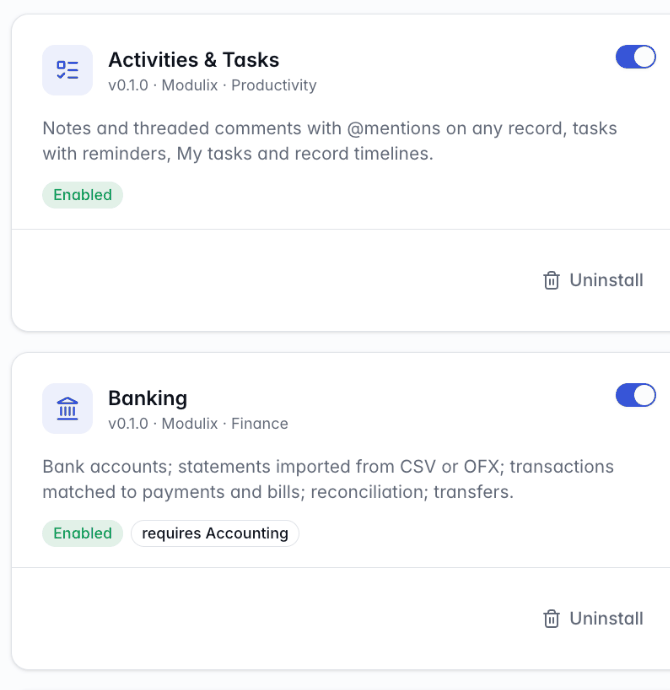 Module cards seen by a platform administrator, with Uninstall buttons at the bottom