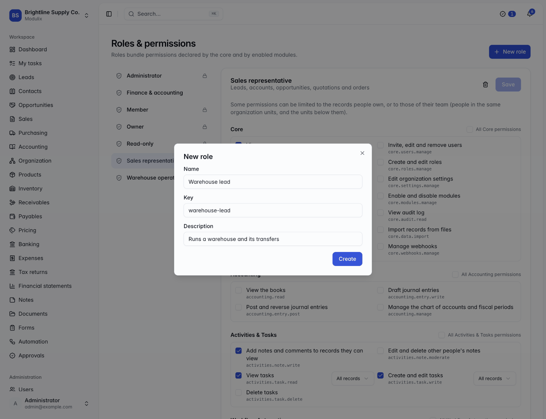 The New role dialog with Name, Key and Description fields