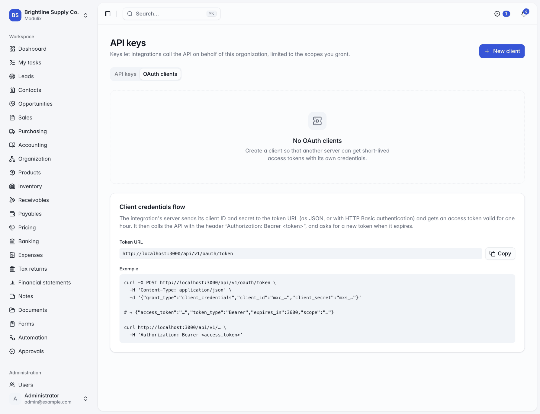 The OAuth clients tab with a list of clients and the Client credentials flow card showing the token URL