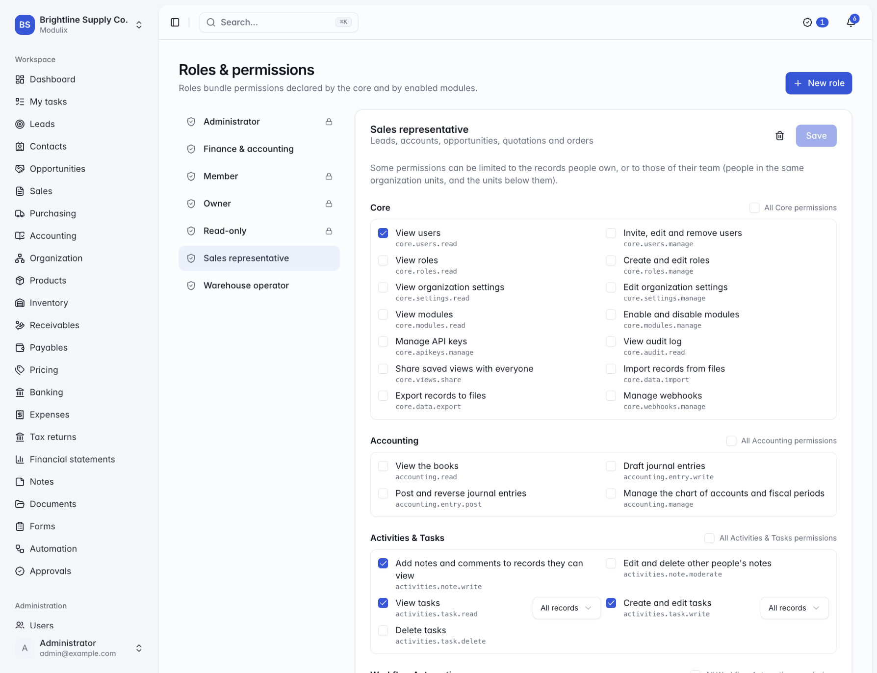 The Roles & permissions page with the custom Sales representative role selected and its permissions grouped by module, some limited to a scope