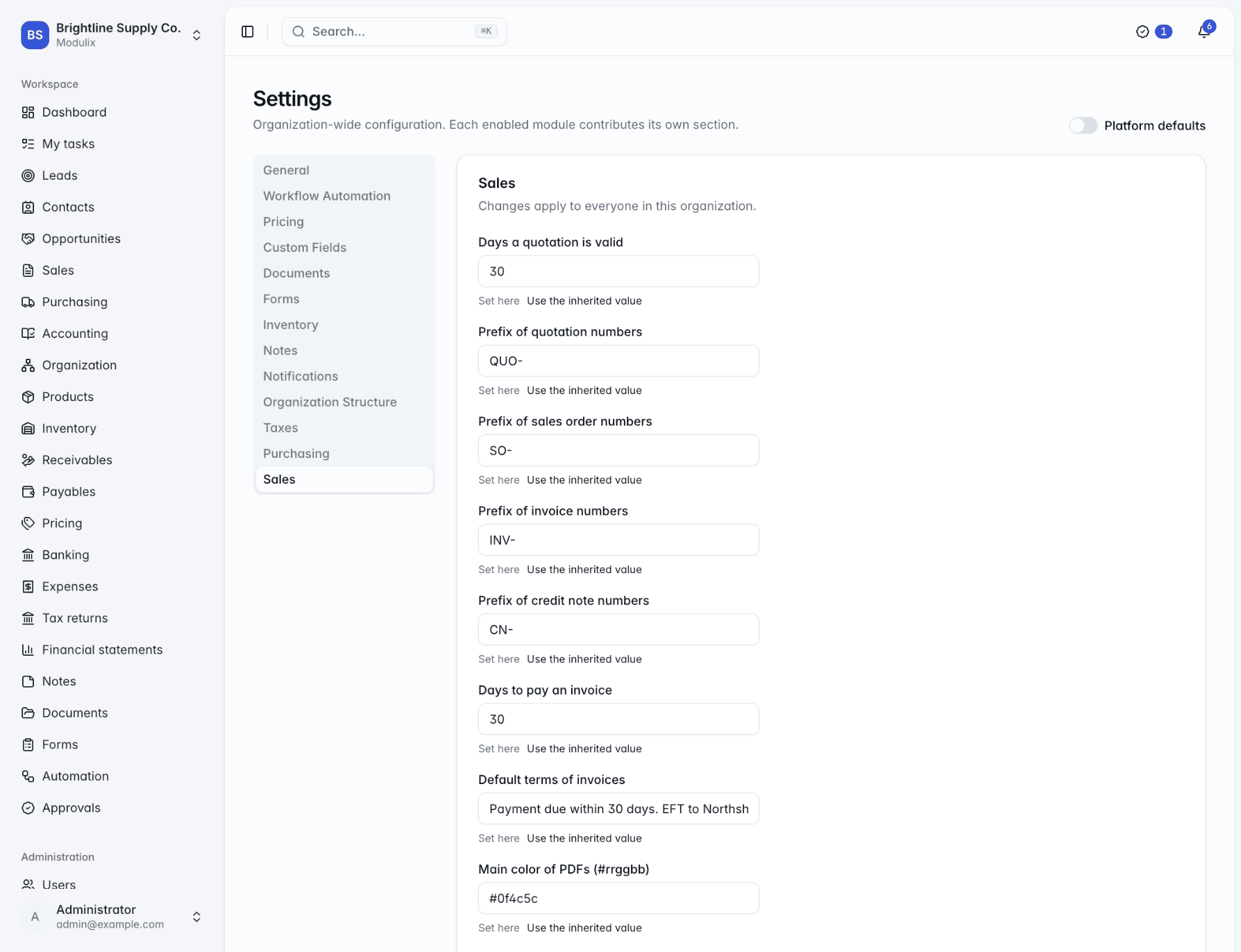 The Sales section of the Settings page with document prefixes, payment terms and PDF options