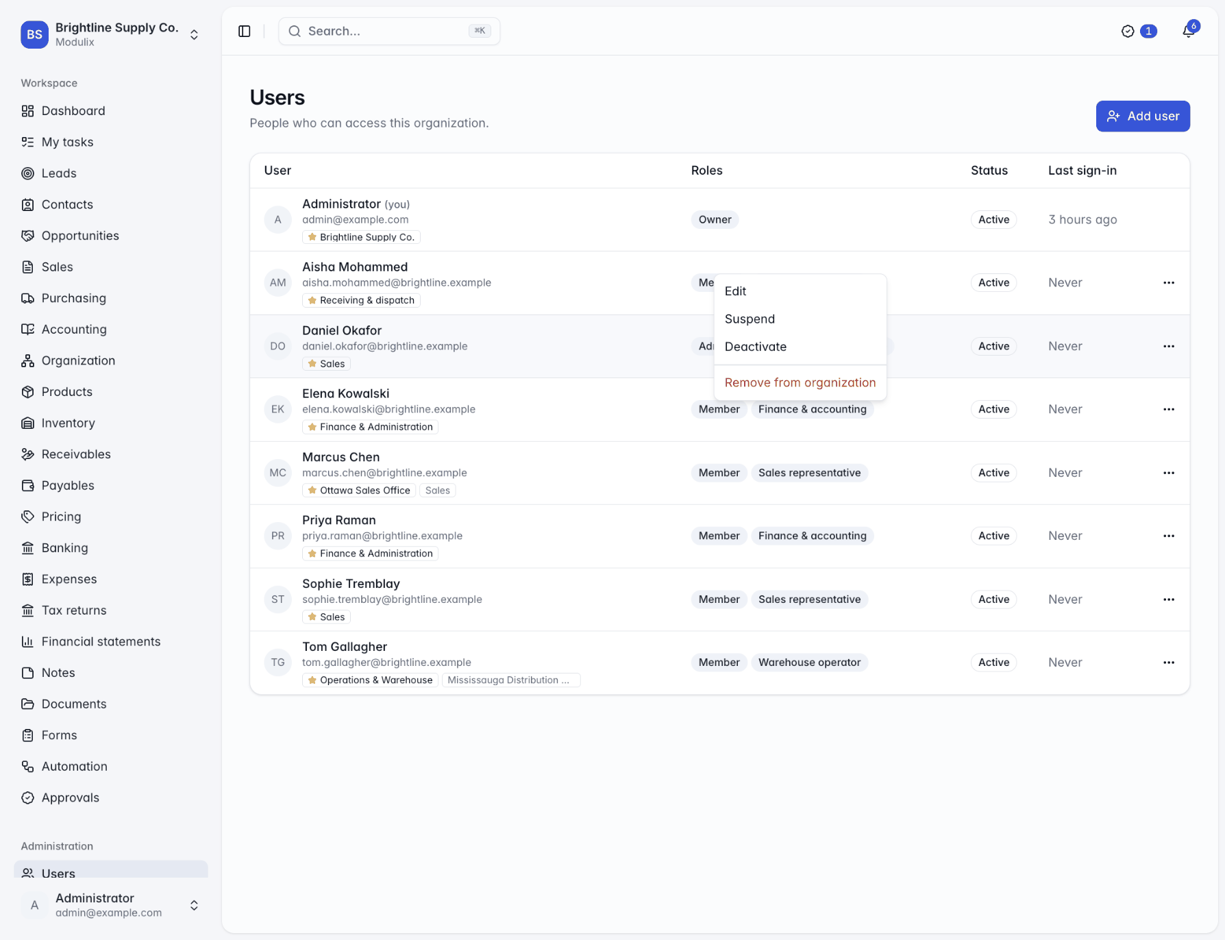 The actions menu of an active user open on the Users page, with Edit, Suspend, Deactivate and Remove from organization
