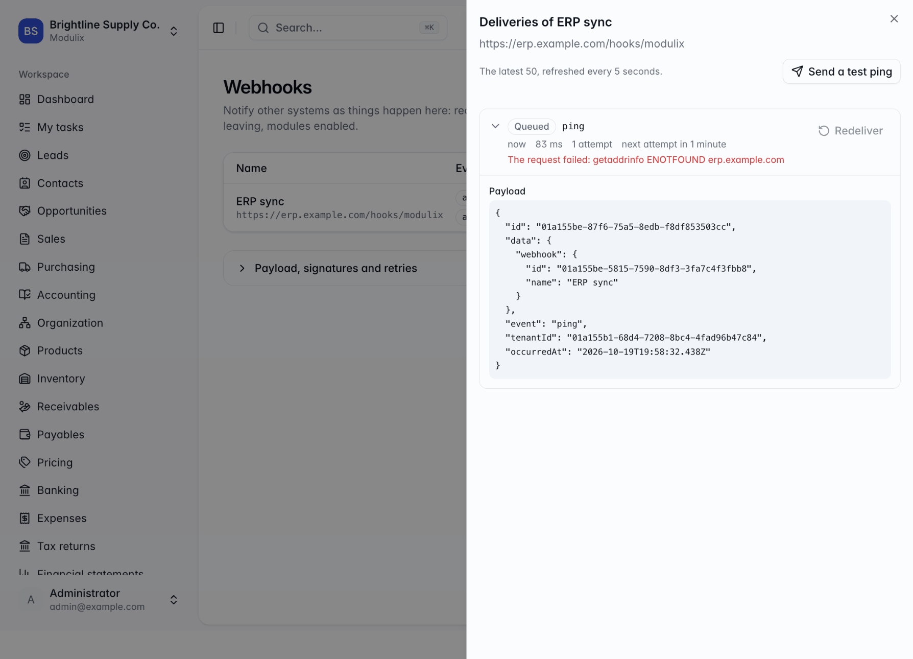 The Deliveries panel of a webhook with a test ping that failed and is waiting for its next retry
