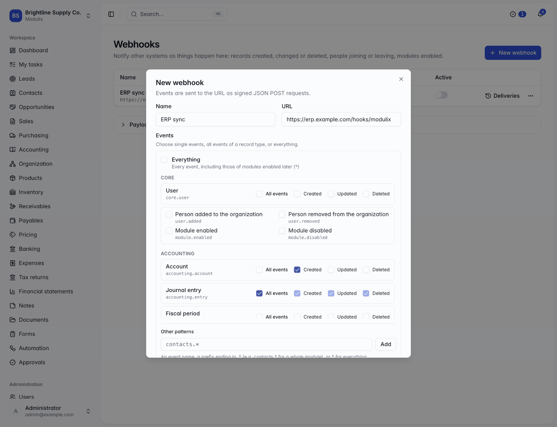The New webhook dialog with name, URL, the events picker grouped by module, and the Active switch