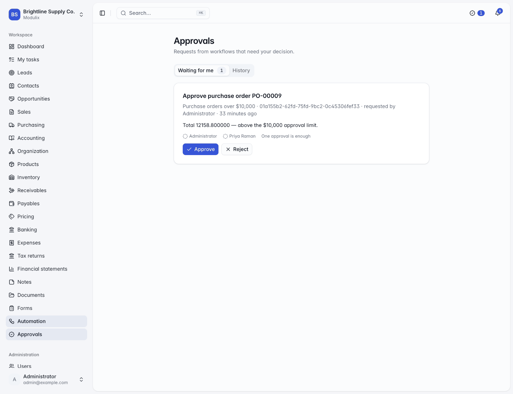 The Approvals page with two pending requests showing title, message, requester and Approve and Reject buttons