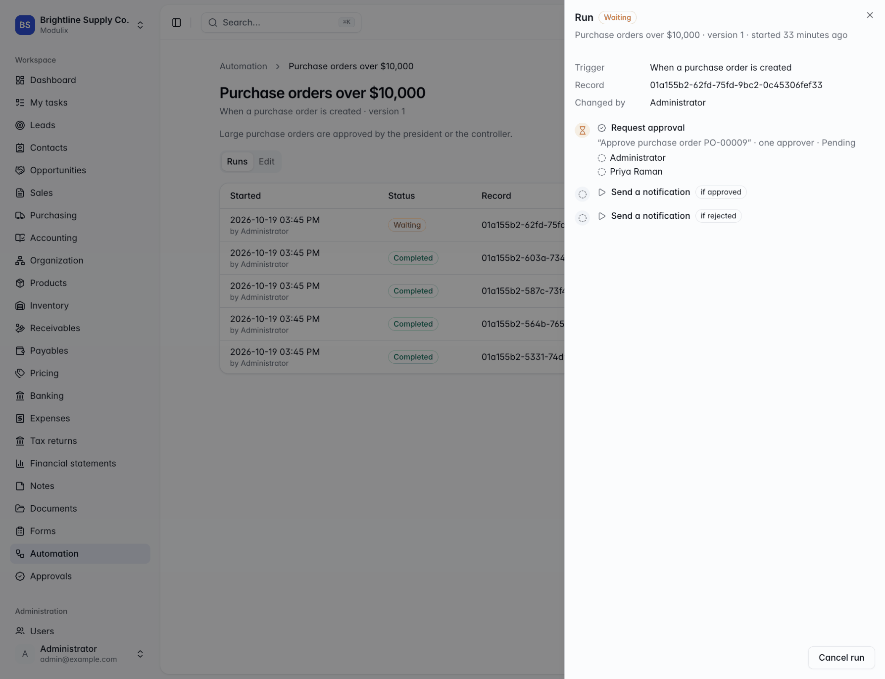 A run panel showing the trigger, record, changed by, and a step log with a completed approval and a failed webhook
