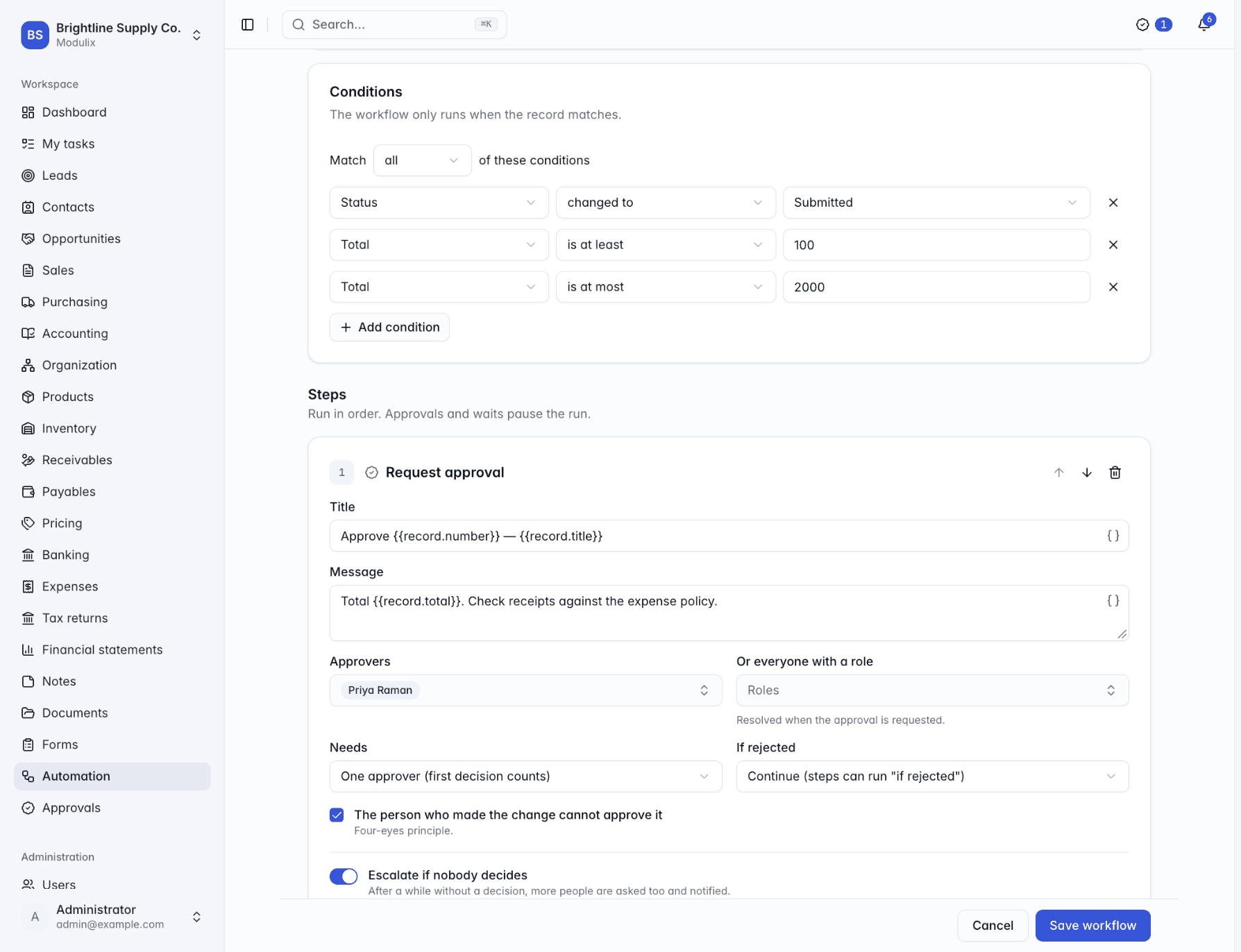 The workflow editor with a record trigger on Expense claim updated, a condition on status, an approval step and two action steps