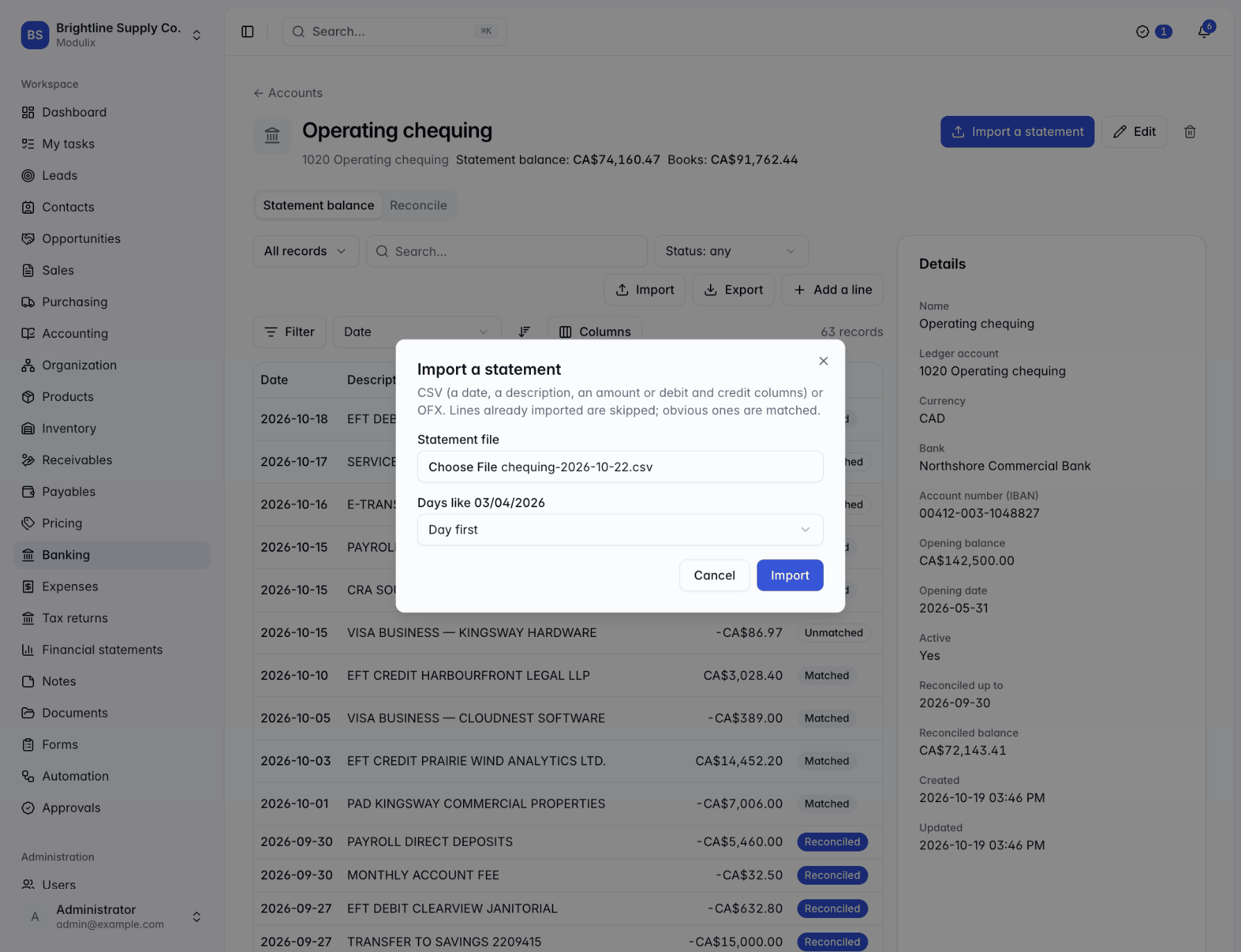 The Import a statement dialog with a file chosen and the day order option