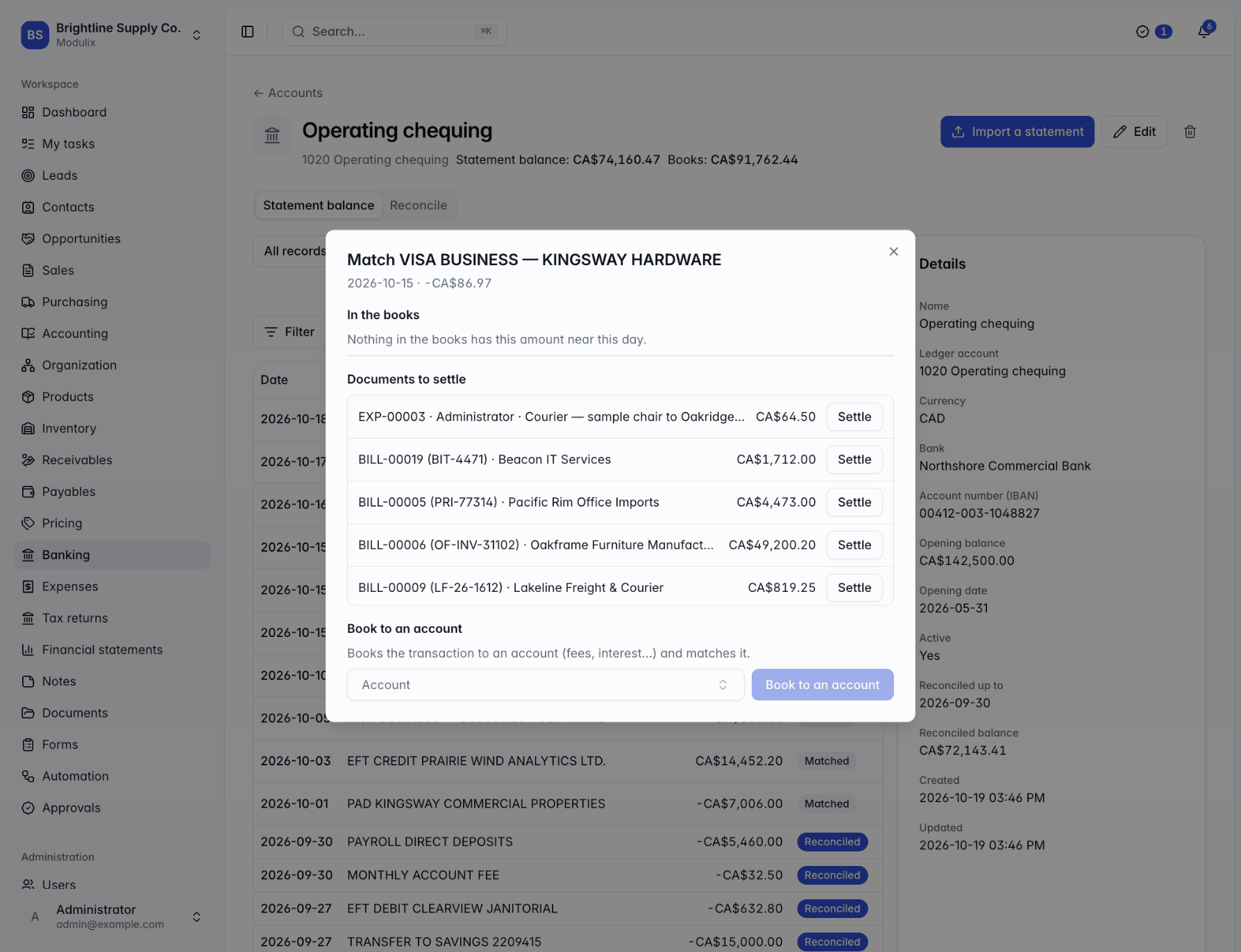 The Match dialog with candidate lines in the books, documents to settle and Book to an account