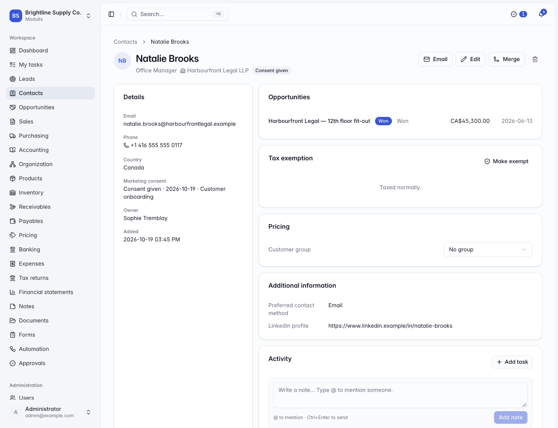 A contact's page with details, consent and the related opportunities section