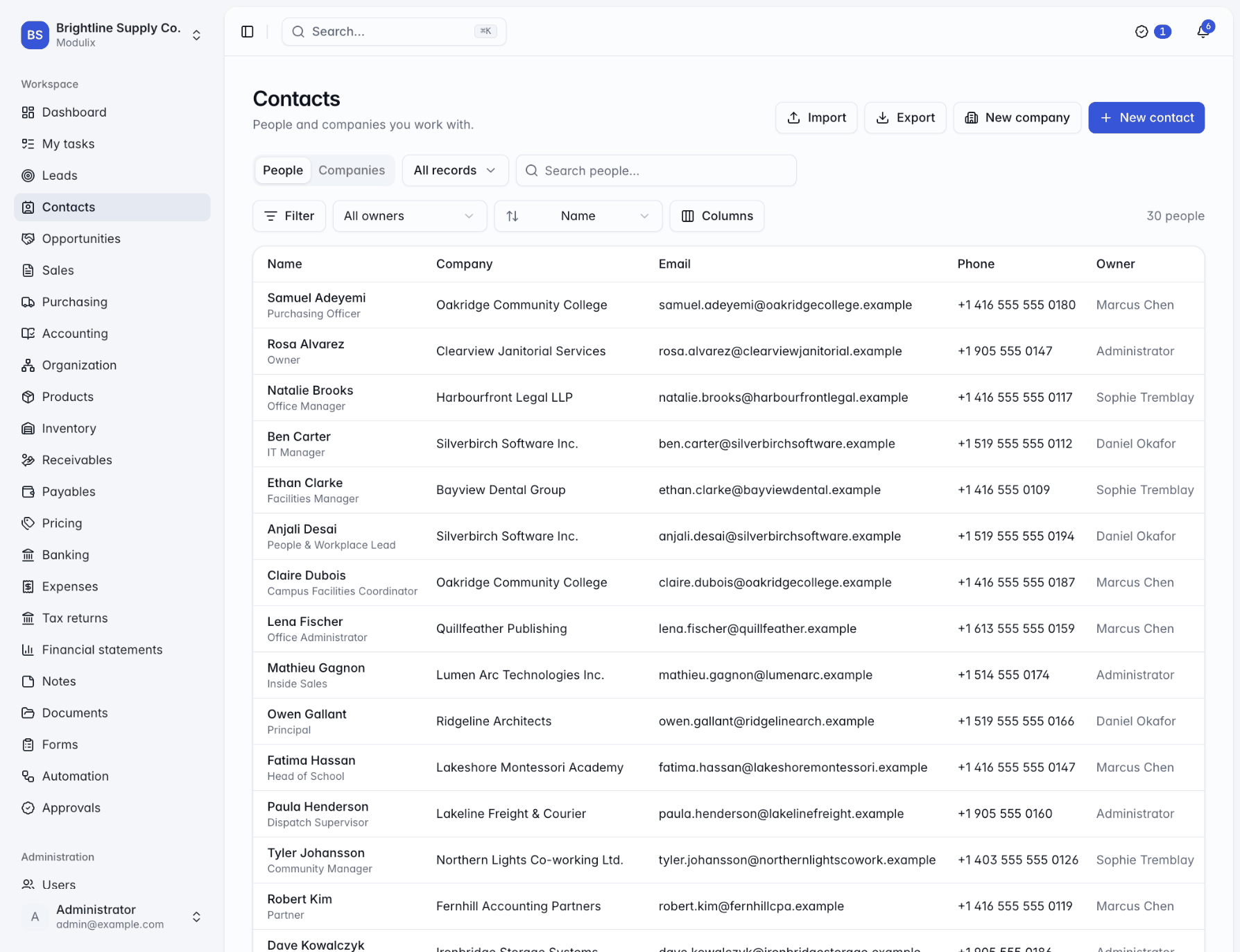 The Contacts page on the People tab with search, owner filter and the people table