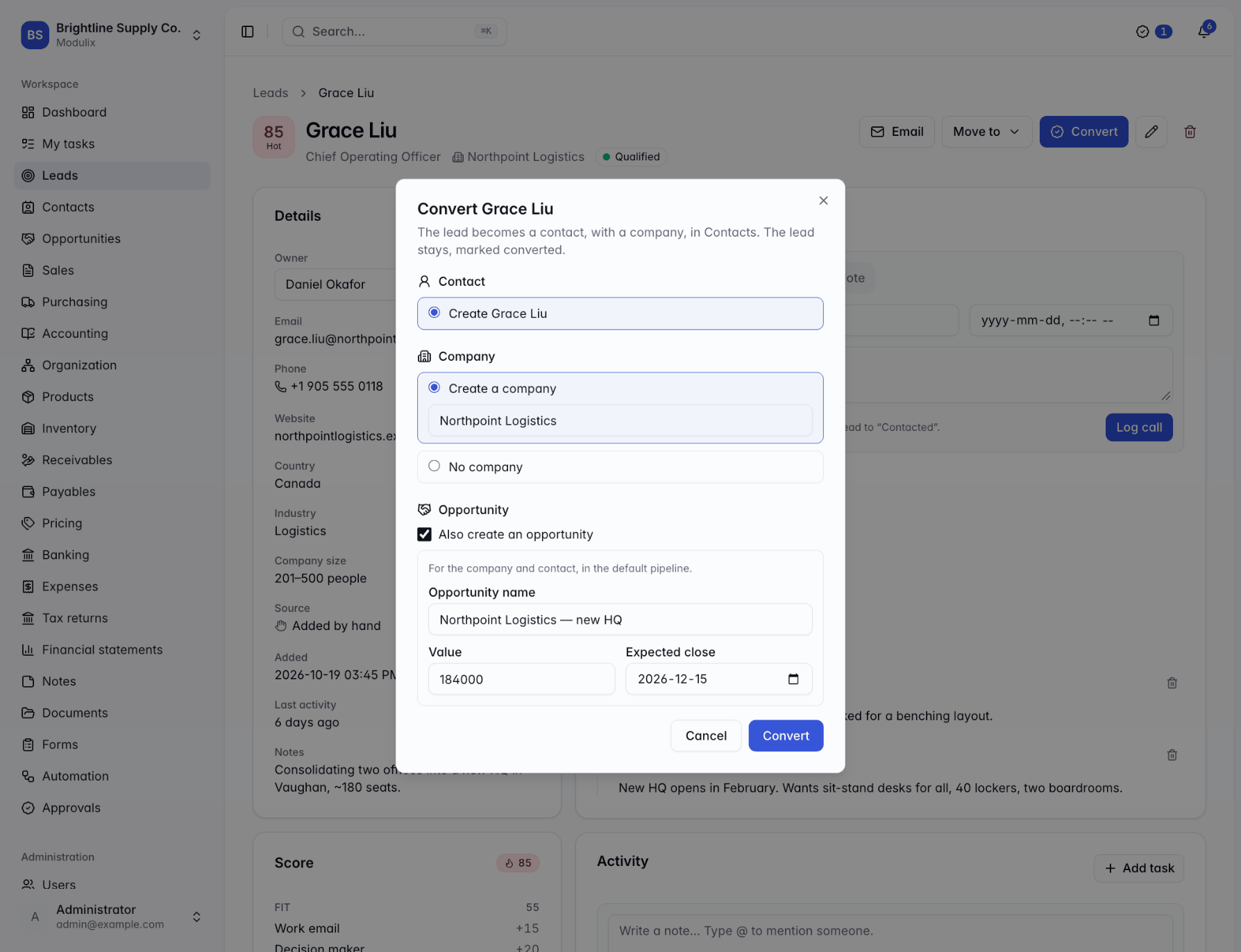 The Convert dialog with contact, company and opportunity choices