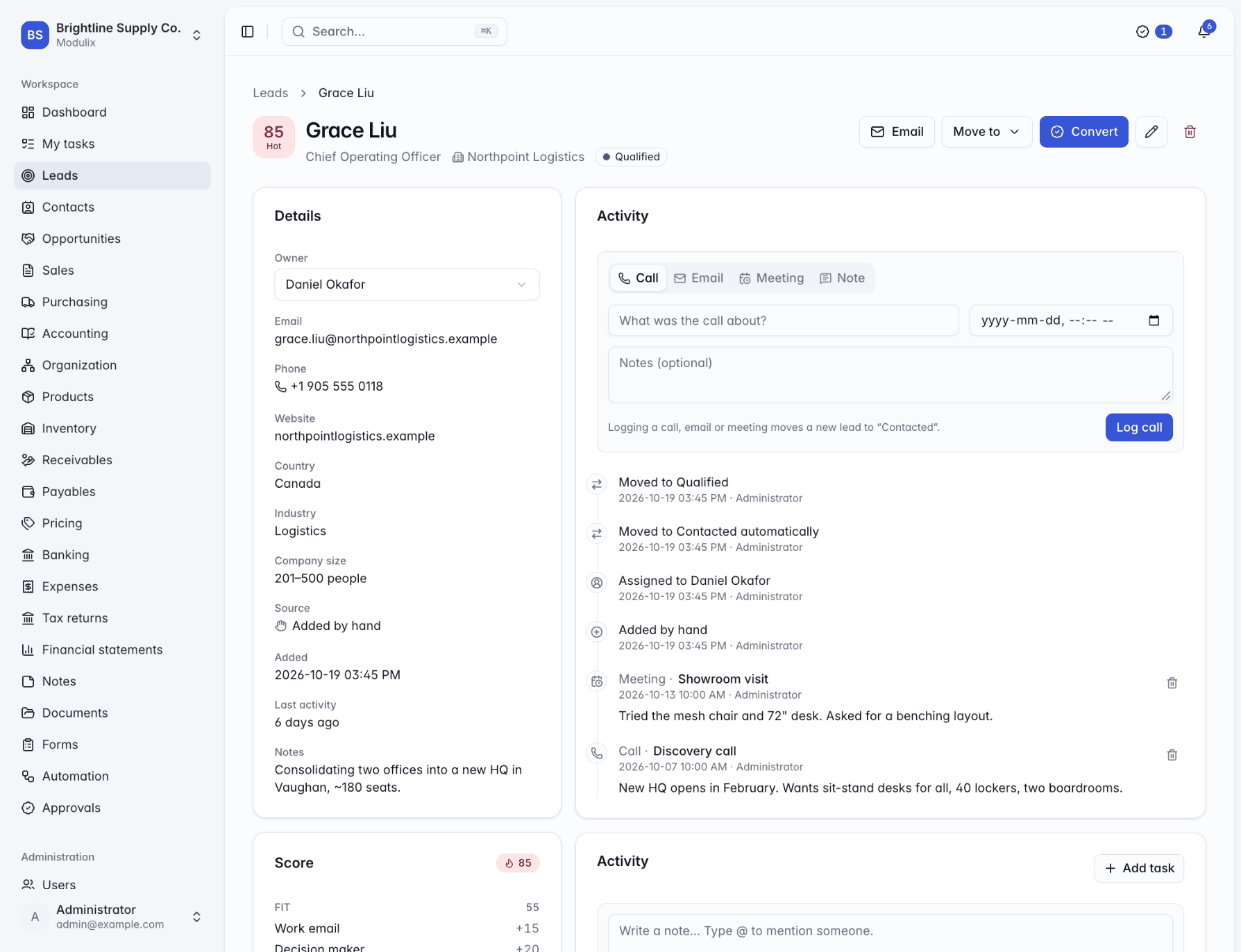 A lead page with details, score breakdown and activity timeline