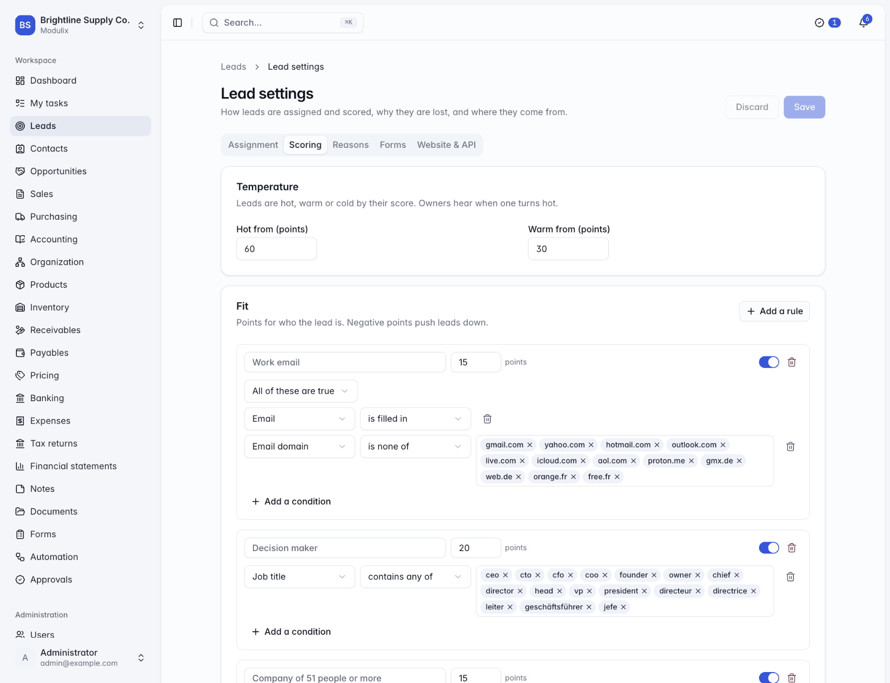 The Scoring tab of Lead settings with temperature thresholds, fit rules and engagement rules