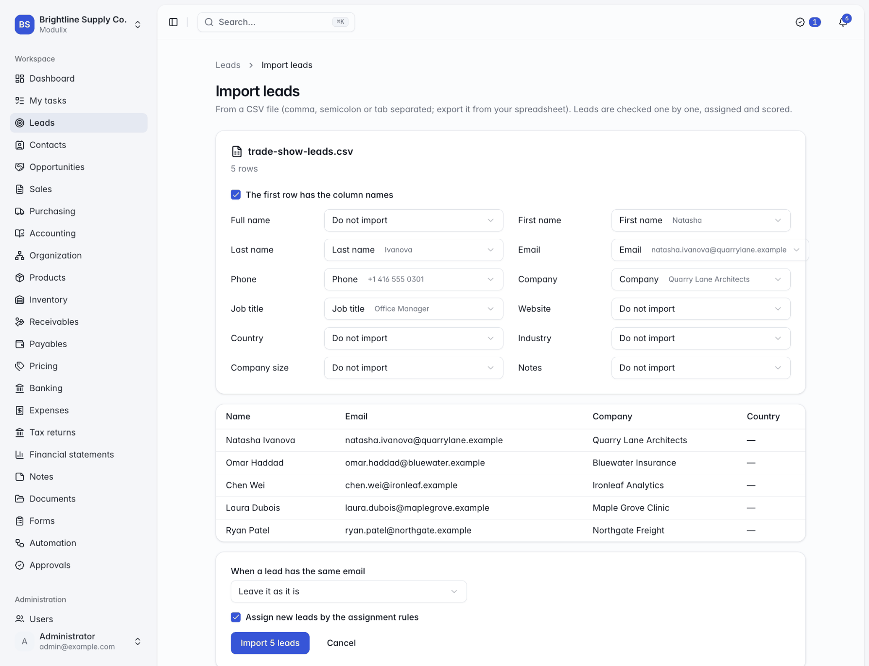 The Import leads page with column mapping and a preview of the first rows