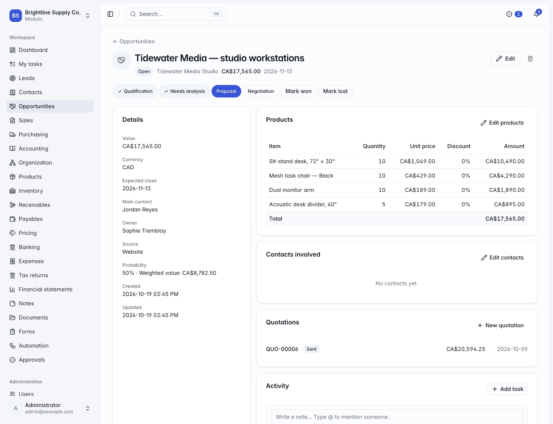 An opportunity page with the stage path, details, product lines, contacts involved and quotations