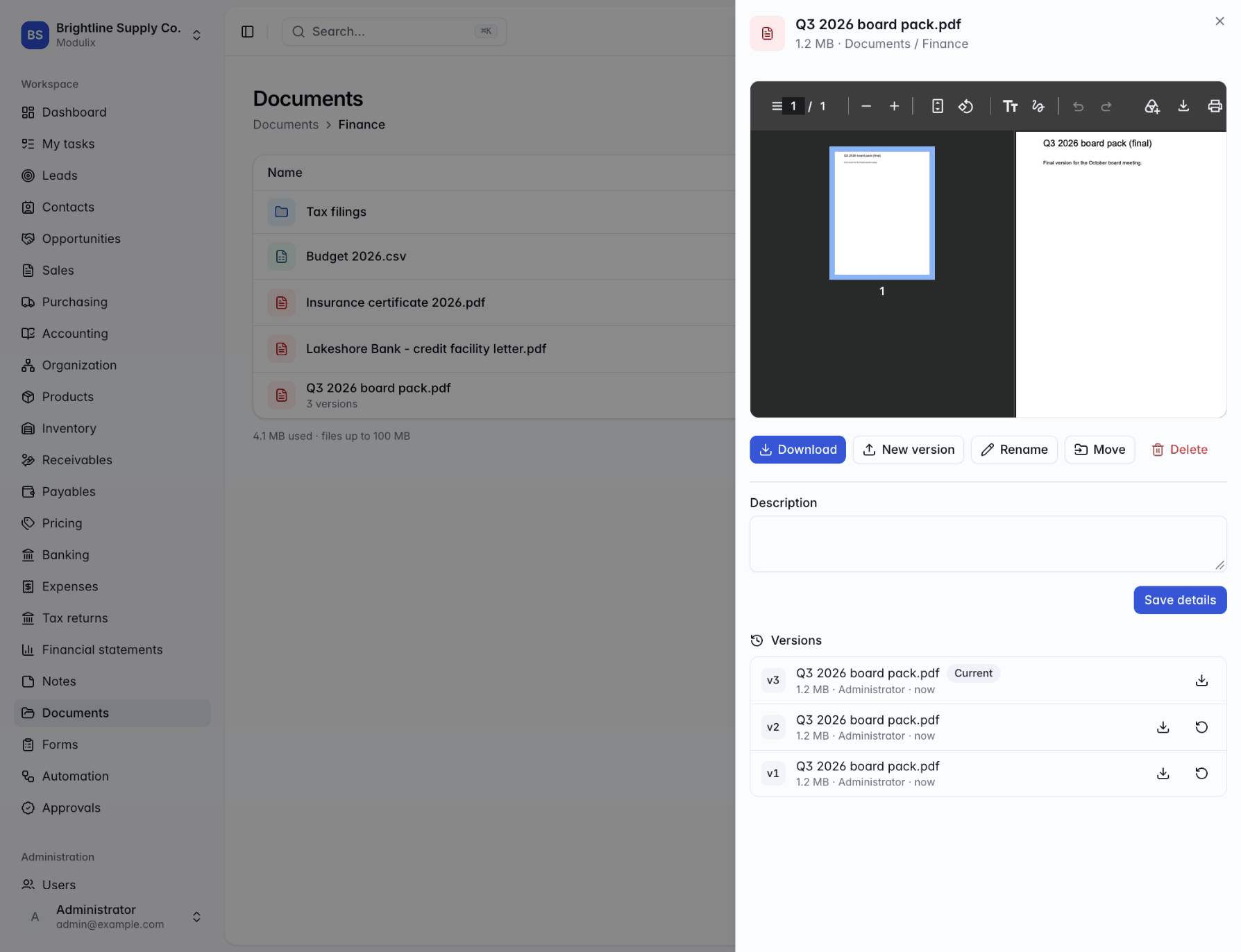 The file panel with a PDF preview, action buttons, description field and a list of three versions