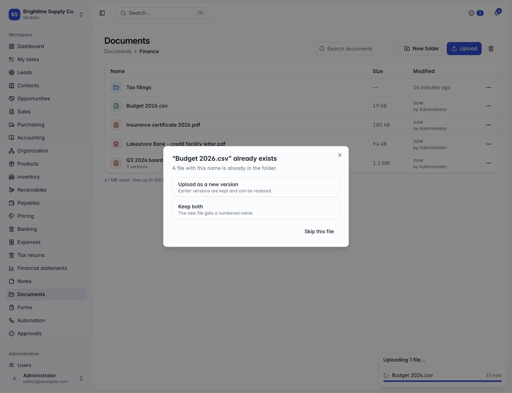 A dialog titled that a file already exists, offering Upload as a new version, Keep both and Skip this file