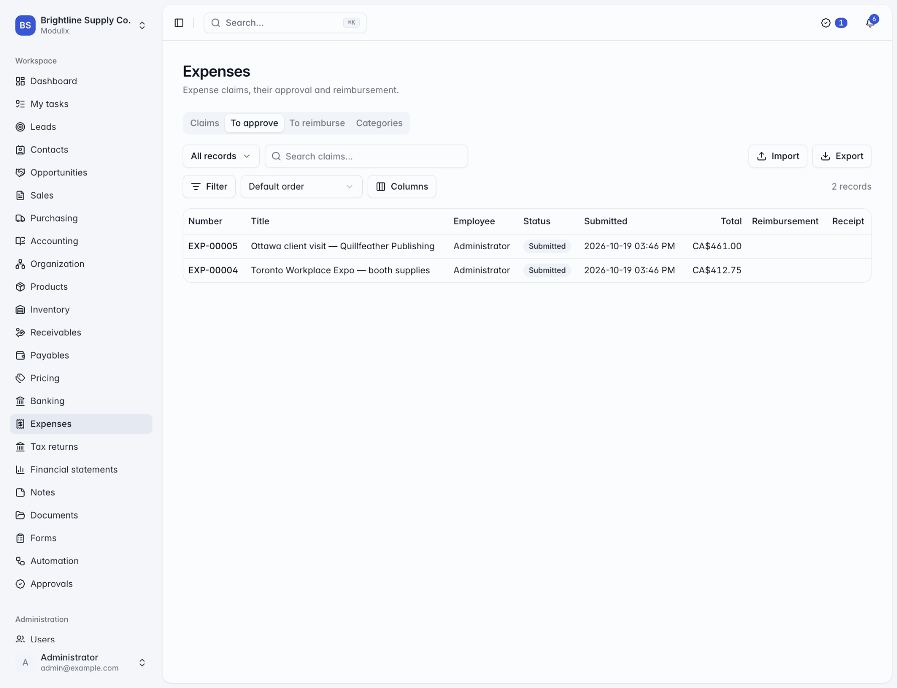 The To approve tab listing submitted expense claims with totals and missing receipts