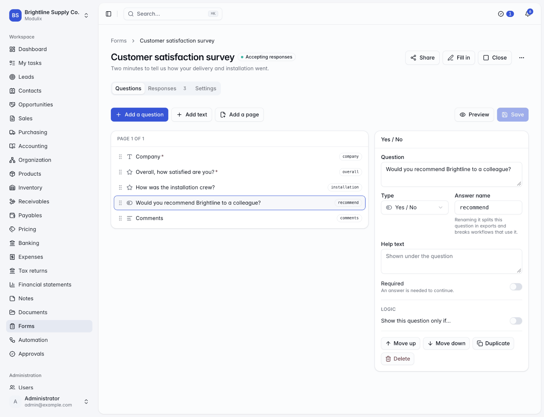 The form designer with the questions outline and the properties panel of a selected question