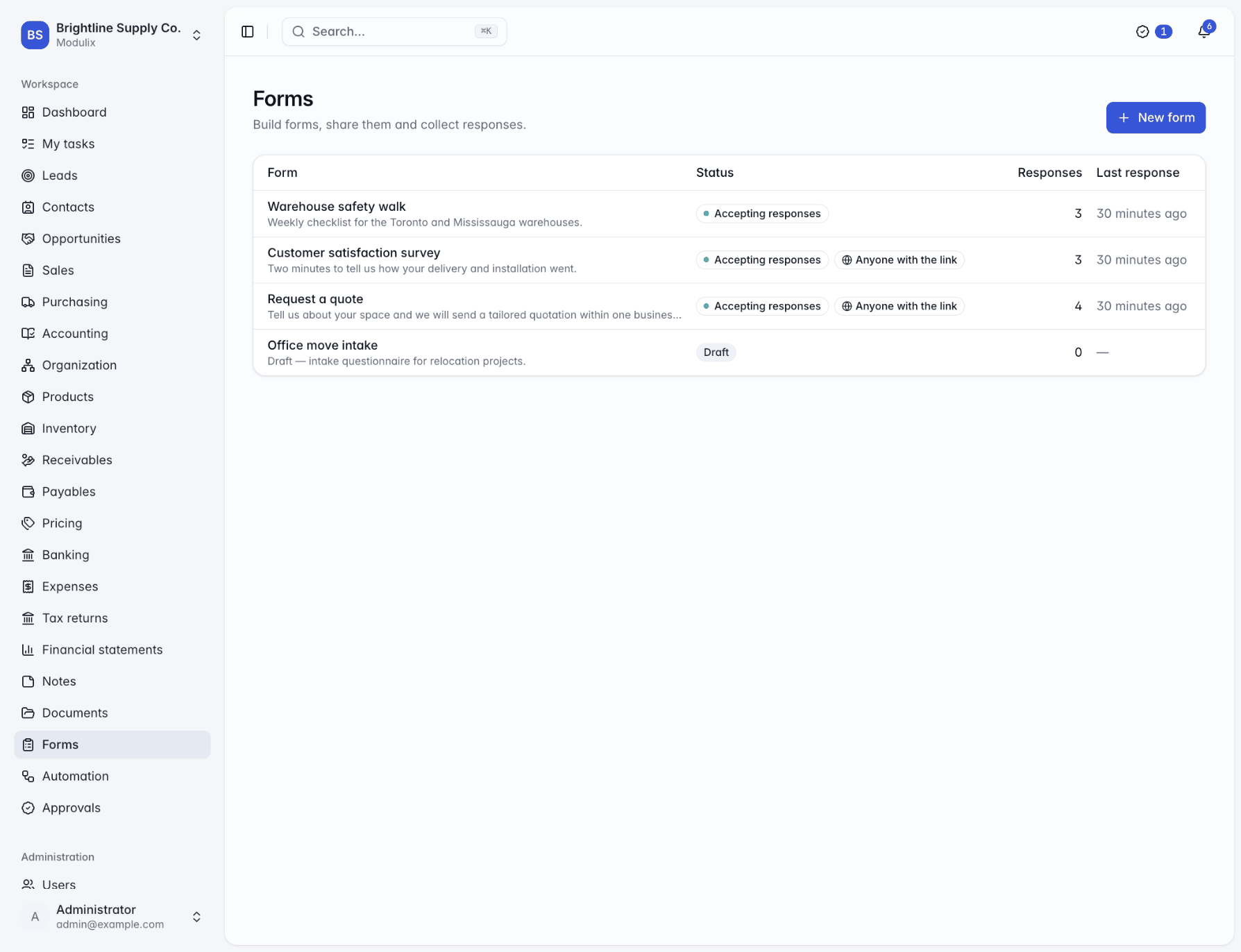 The Forms list showing several forms with their status, response counts and last response dates