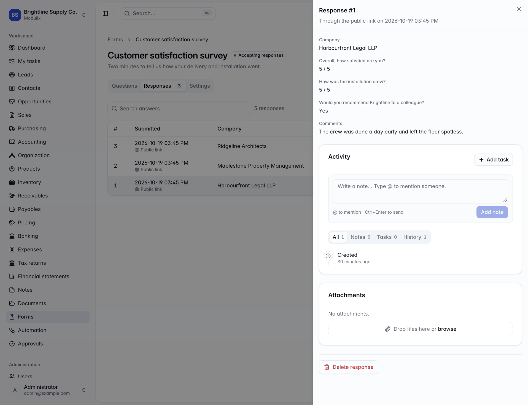 The Responses tab with a list of responses and the detail panel of one response open