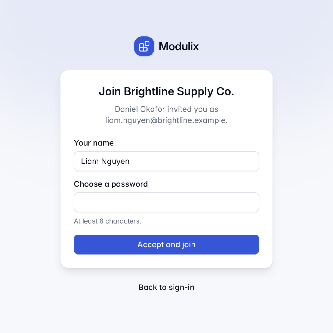 The invitation page showing who invited you to which organization, with name and password fields