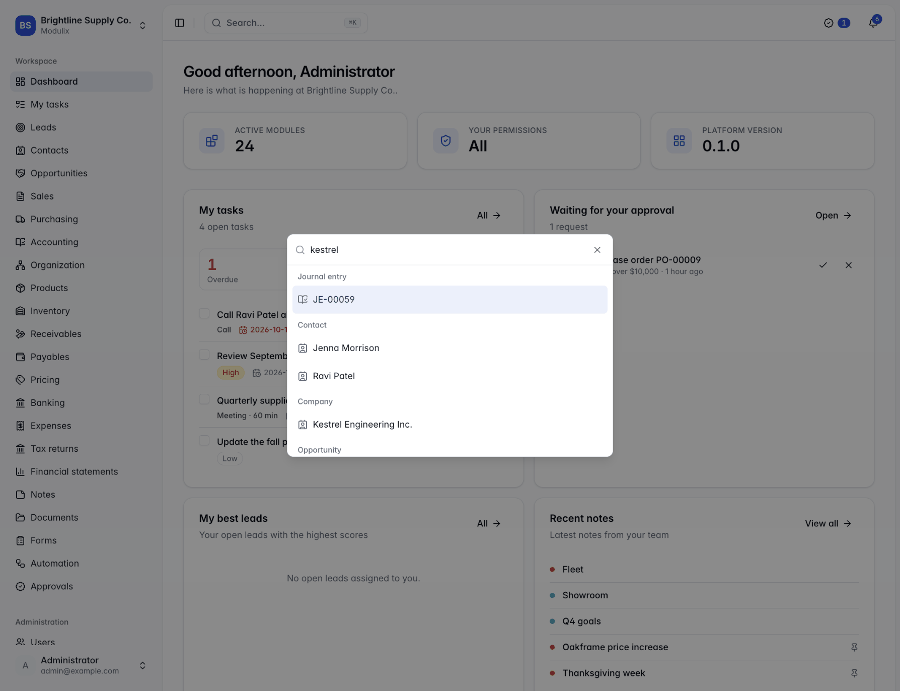 The command palette with search results grouped by record type, then the Navigate and Actions groups