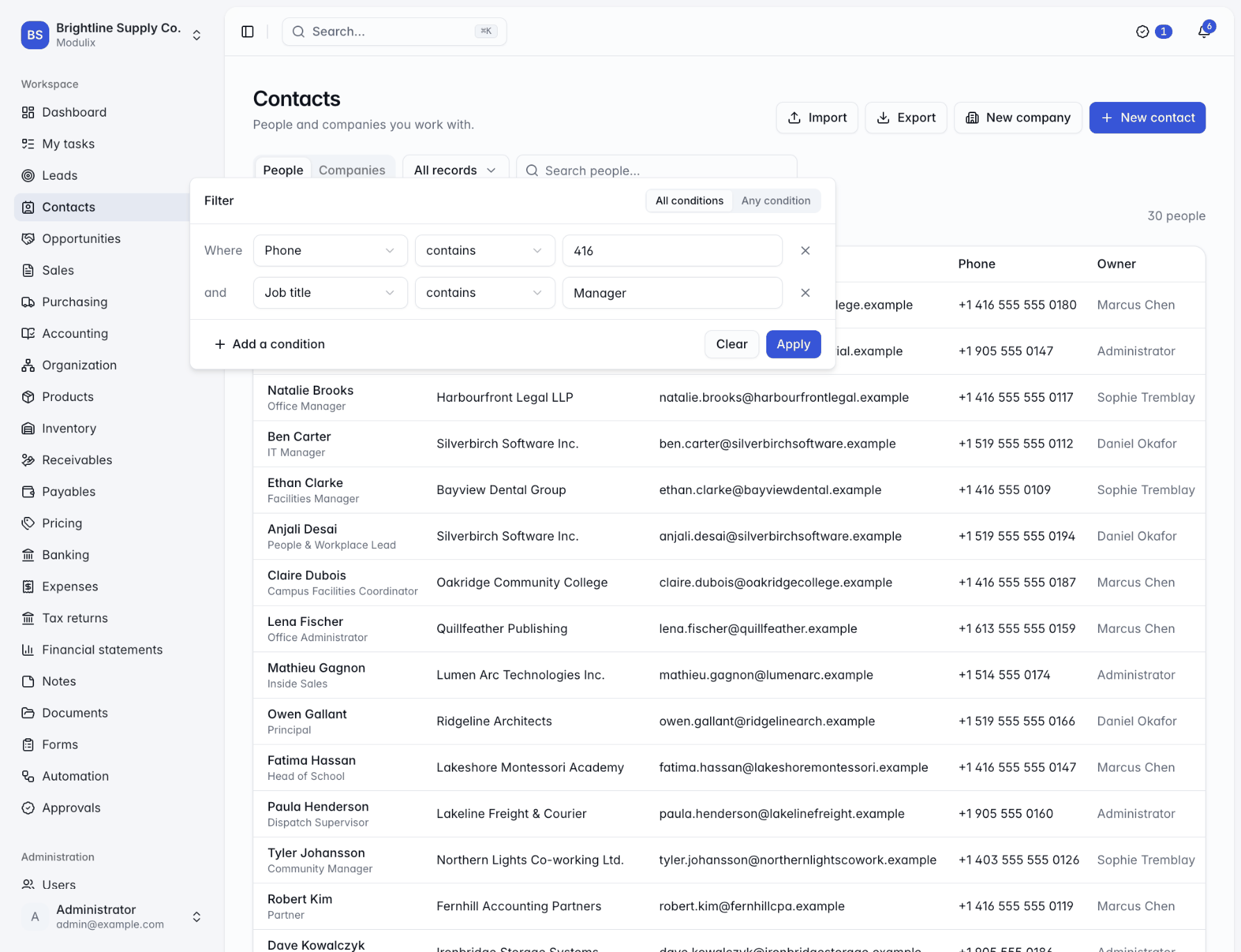 A contact list with the Filter panel open and two conditions joined by and