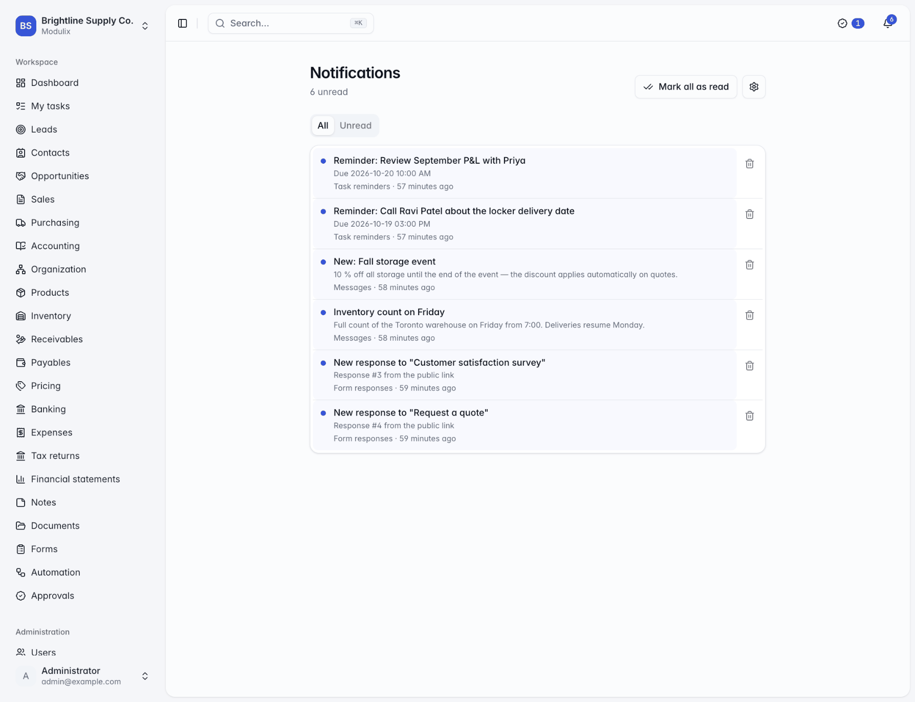 The notification inbox with All and Unread tabs and a list of notifications