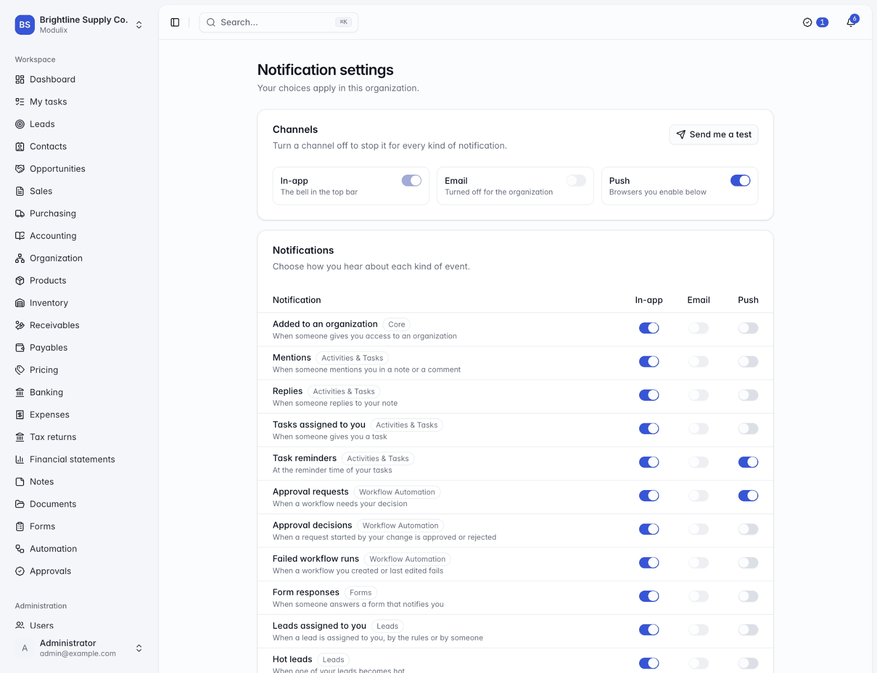 The Notification settings page with the Channels card and the table of notification types with In-app, Email and Push switches