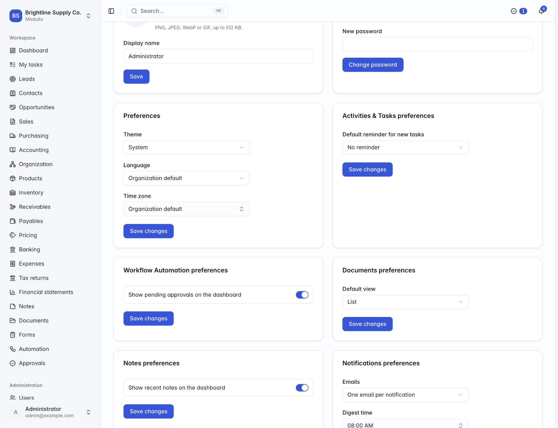 The Preferences card with Theme, Language and Time zone, and module preference cards next to it