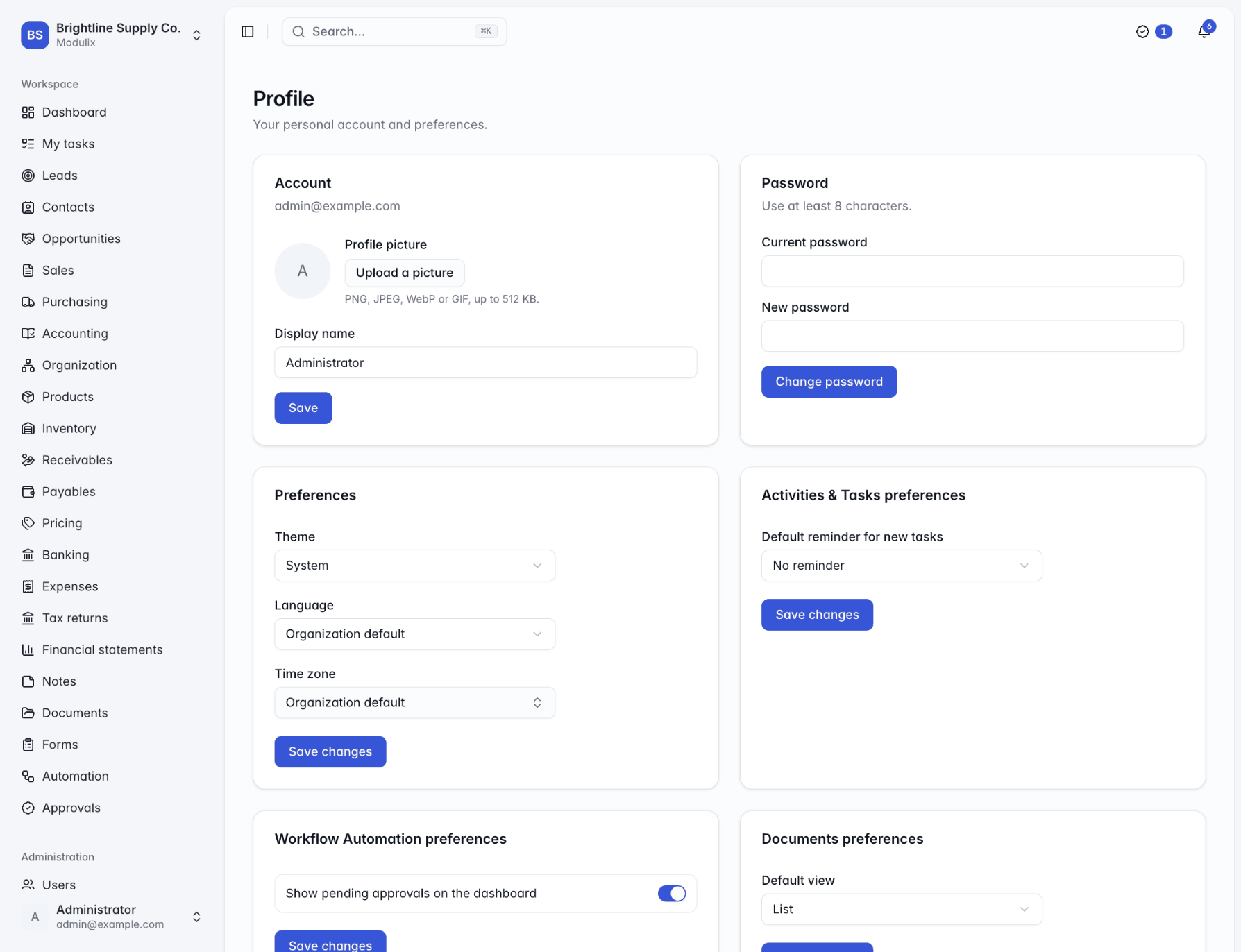 The Profile page with the Account, Password and Preferences cards