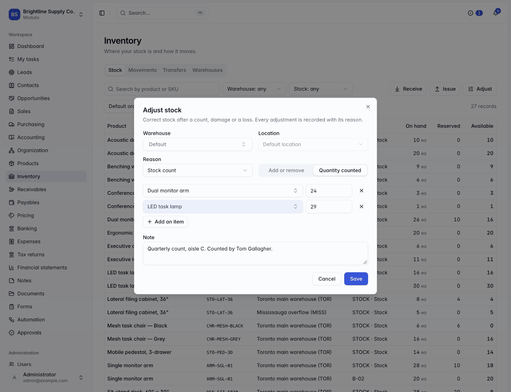 The Adjust stock dialog with a warehouse, a reason of Stock count, the Quantity counted mode and item lines