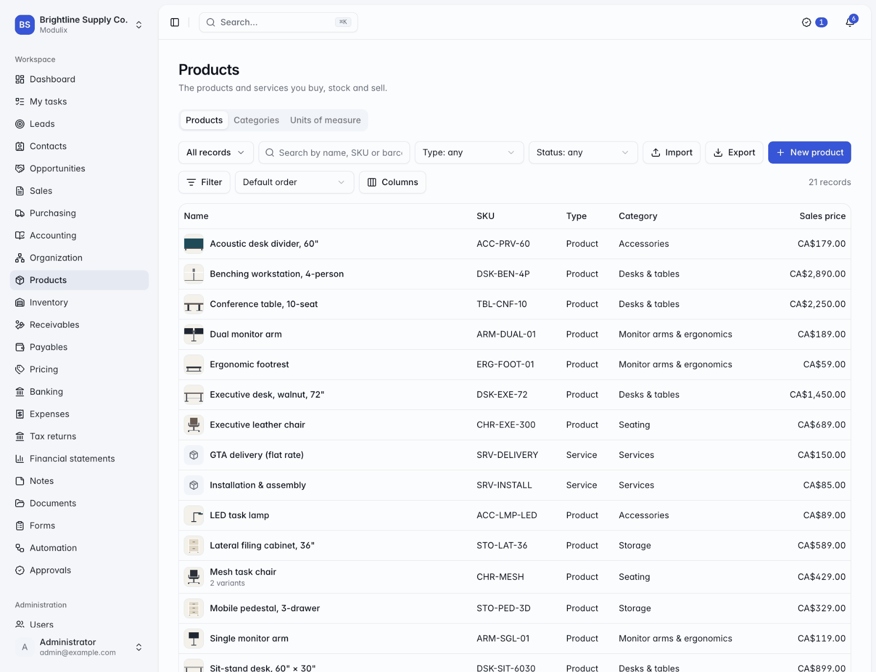 The Products tab of the catalog listing products with picture, name, variant count, SKU, type, category and sales price