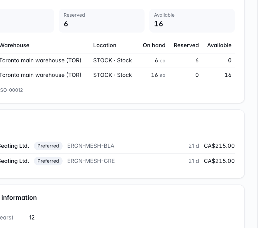 The Stock section of a product page with on hand, reserved and available totals, a table per location and the orders it is reserved for