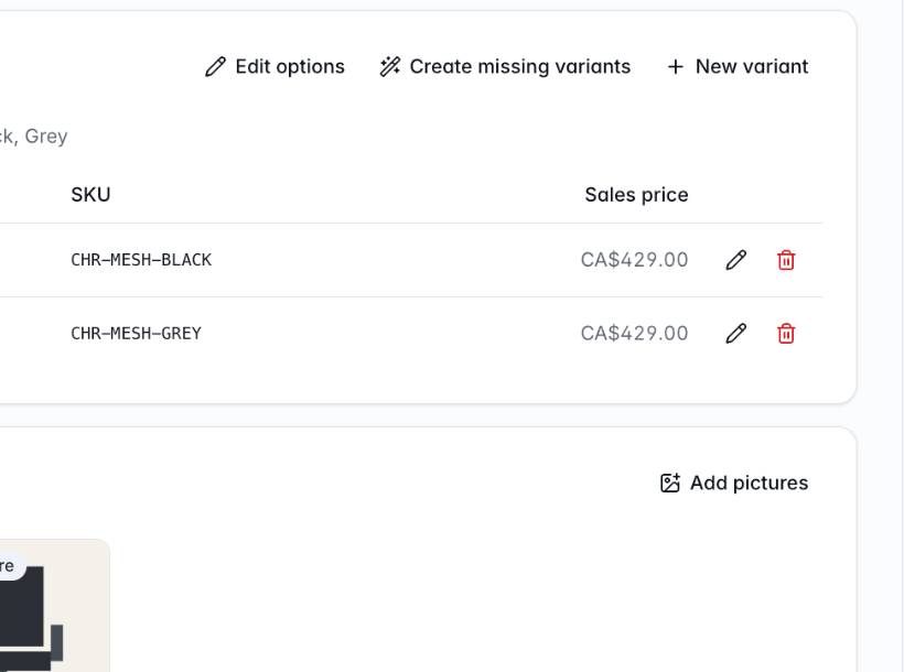 The Variants section of a product, listing variants by option values with their SKUs and prices